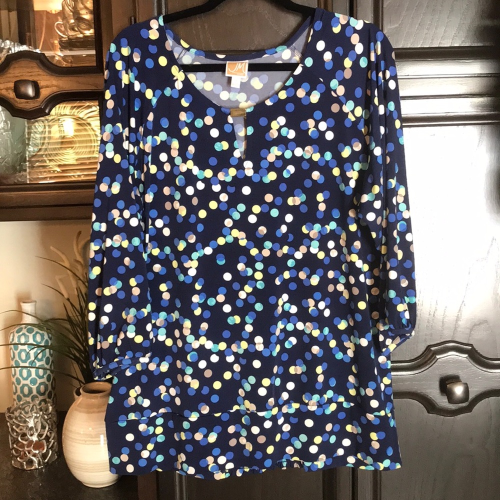 JM Collection Woman SIZE 2X Blue Polka Dot Blouse Top